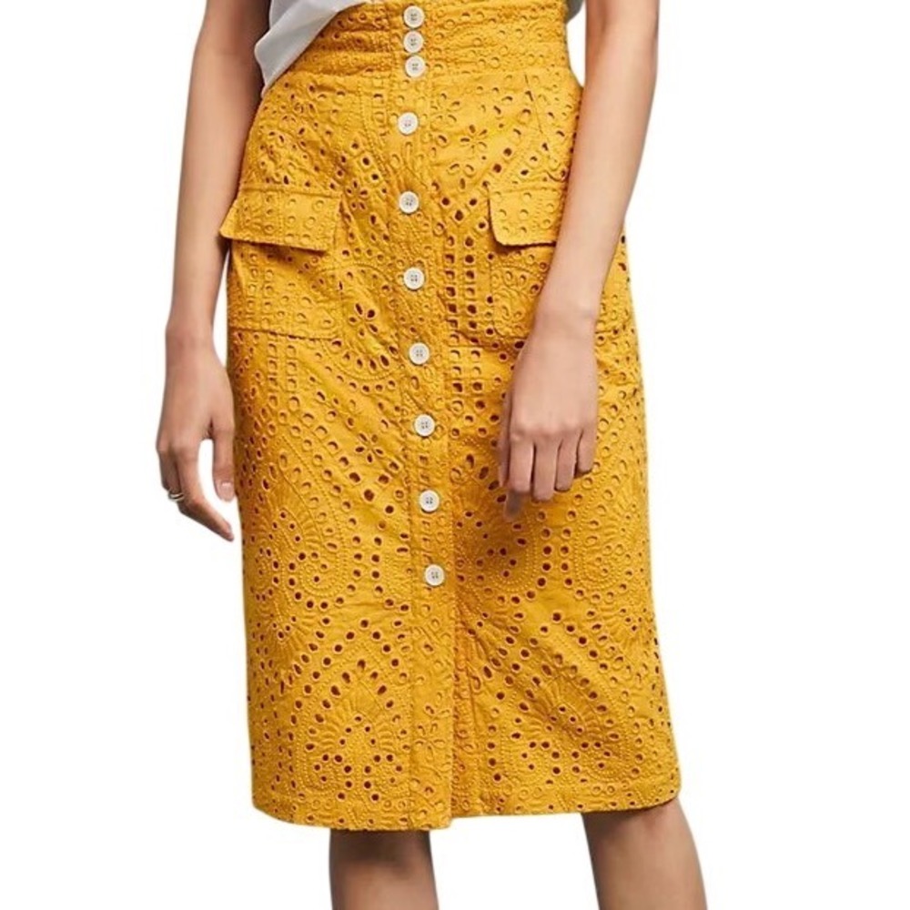NWT Tracy Reese x Anthropologie Sunshine Eyelet Pencil Skirt Button‎ Front Sz 14